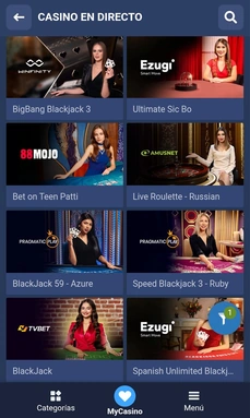 Mesas en directo de 1xBet en pantalla móvil